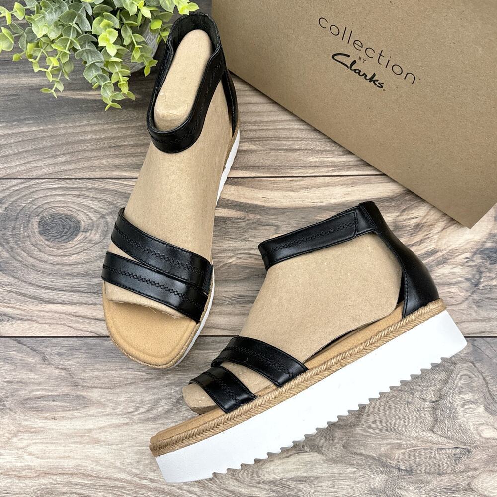 NIB Clarks Lana Glide 9M Ankle Strap Platform Comfort Sandals Black Leather